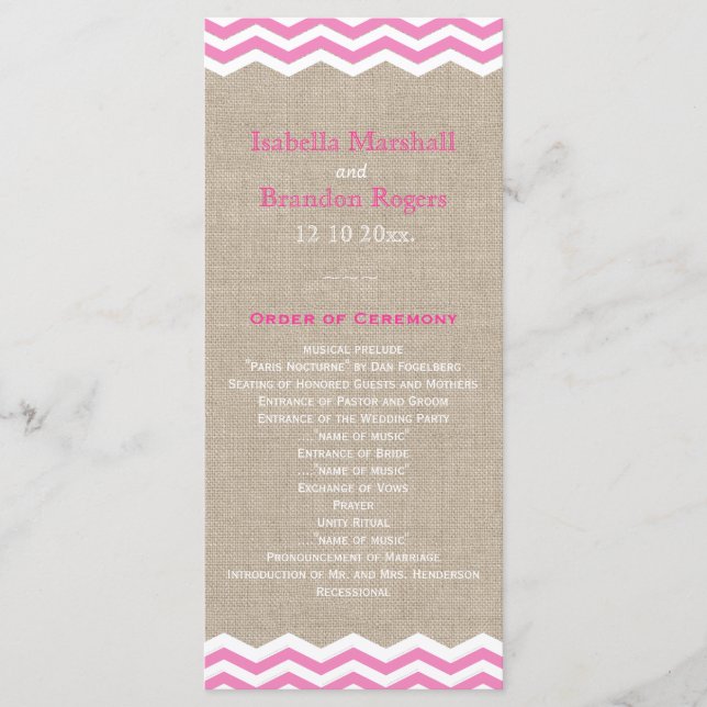 Pink Chevrons auf Burlap Wedding Programm (Vorderseite)