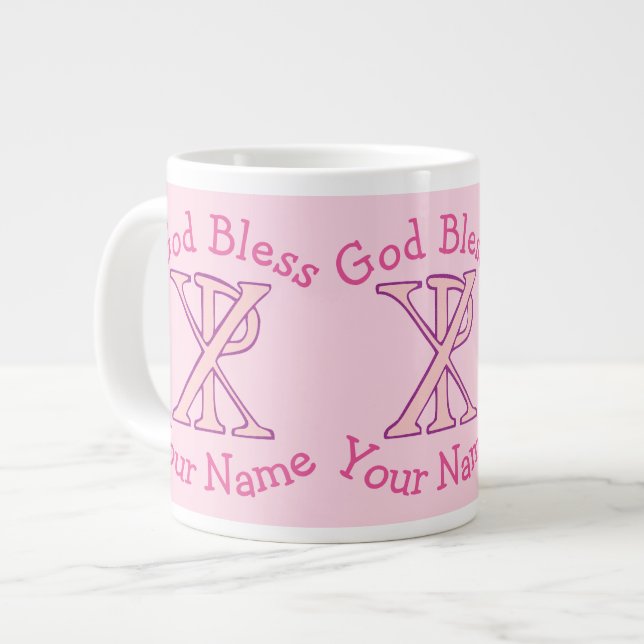 Pink Chi Ro Christlich Cross auf Pink Personalisie Jumbo-Tasse (Vorderseite Links)