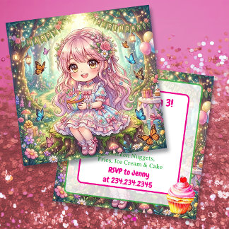 Pink Chibi Girl with Cupcake Birthday Party Einladung