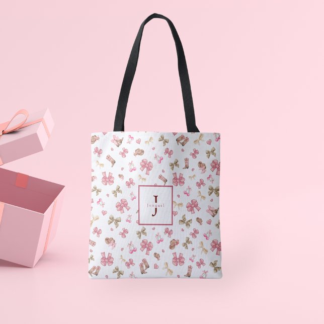Pink Chic Girly Cowgirl Coquette Muster Monogram Tragetaschen Mit Langen Trägern (Von Creator hochgeladen)