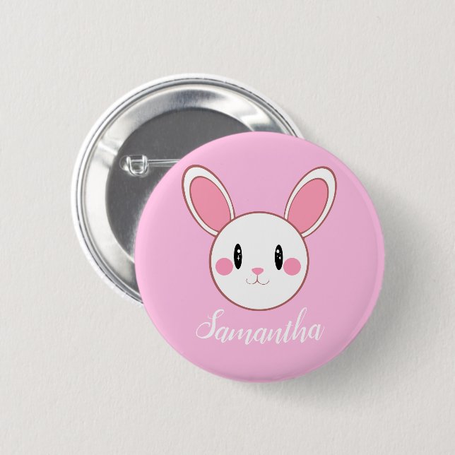 Pink Chic Modern Niedlich Fluffy Bunny Rabbit Button (Vorne & Hinten)