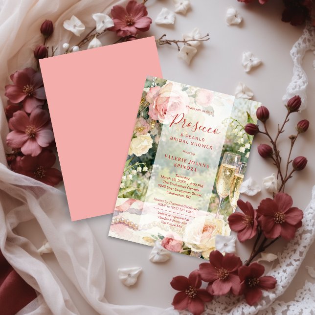 Pink Chic Prosecco & Pearls Glitter Bridal Shower Einladung (Pink Chic Serene Prosecco & Pearls Glitter Bridal Shower Invitation Cards.)