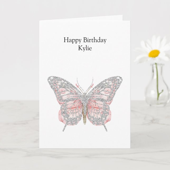 Pink Chic Silver Butterfly Geburtstag Karte (Kleine Pflanze)
