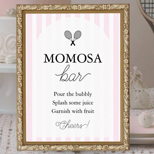 Pink Chic Tennis Baby Dusche Momosa Bar Zeichen Poster (elegant light pink and white striped baby shower sign for tennis theme girly momosa bar in frame)