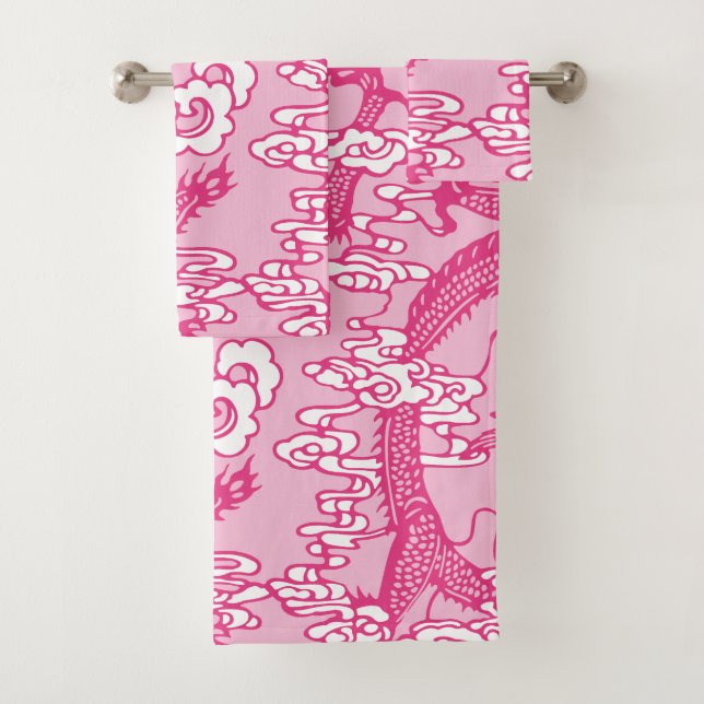 Pink Chinesisches Drachenmuster Badhandtuch Set (Insitu)