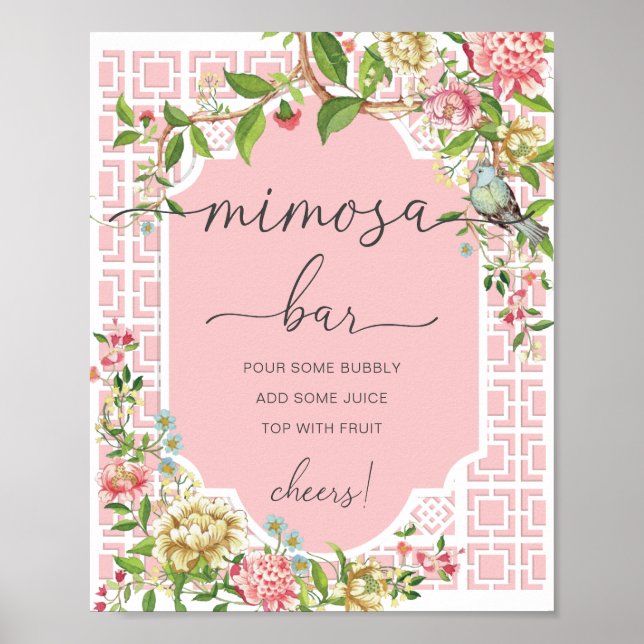 Pink Chinoiserie Babydusche Mimosa Bar Zeichen Poster (Vorne)