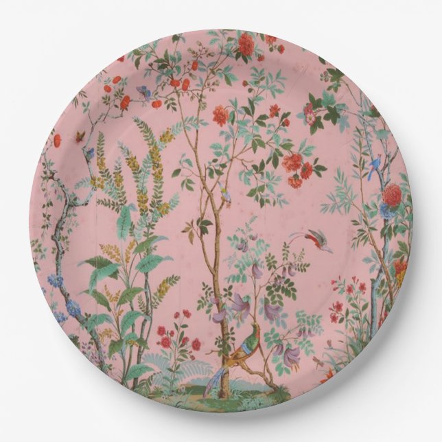 Pink Chinoiserie Bird Floral Elegant Pappteller (Vorderseite)