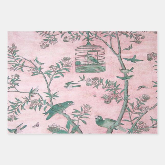 Pink Chinoiserie Bird Wrapping Paper Sheets Geschenkpapier Set (Vorderseite)