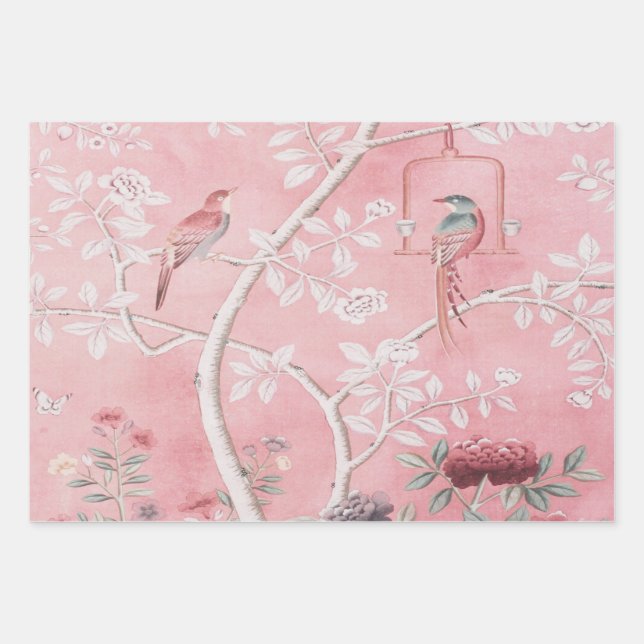 Pink Chinoiserie Bird Wrapping Paper Sheets Geschenkpapier Set (Vorderseite)