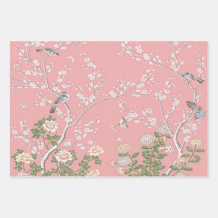 Pink Chinoiserie Bird Wrapping Paper Sheets Geschenkpapier Set