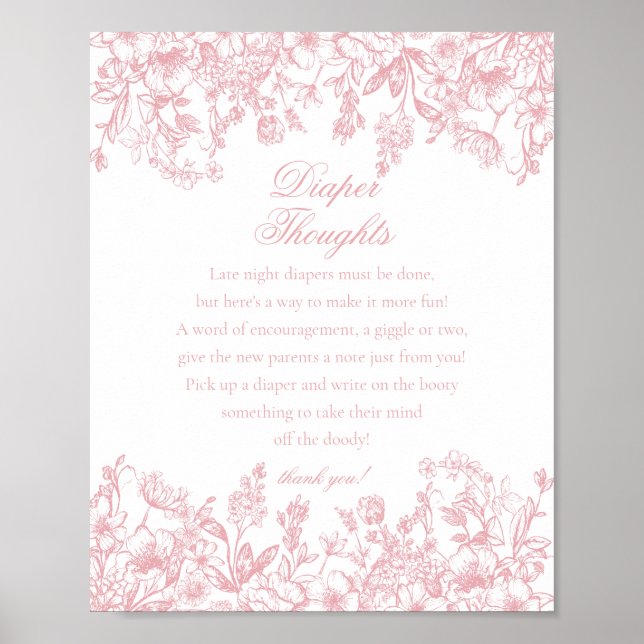 Pink Chinoiserie Flora Diaper Thoughts Baby Shower Poster (Vorne)