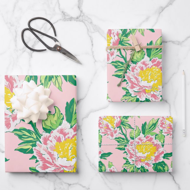 Pink Chinoiserie Floral Geschenkpapier Set (Vorderseite)