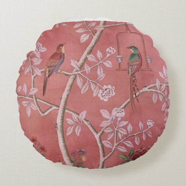 Pink Chinoiserie Rundes Kissen (Vorderseite)