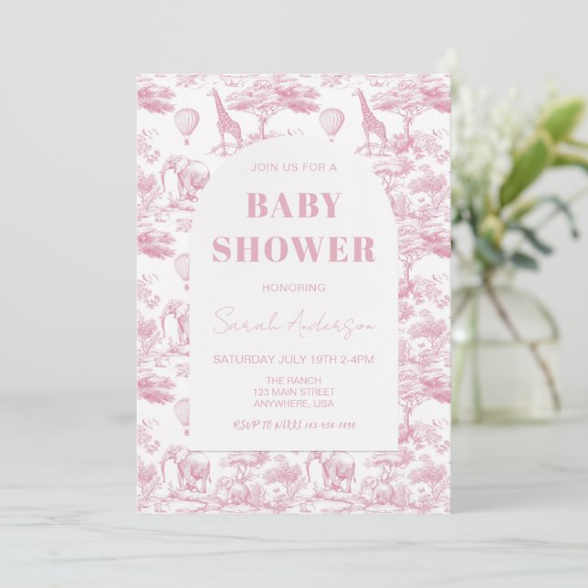 Pink Chinoiserie Toile de Jouy Baby Dusche Einladung (Stehend Vorderseite)
