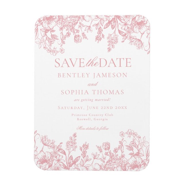 Pink Chinoiserie Vintage Blumenkarte Save the Date Magnet (Vertikal)