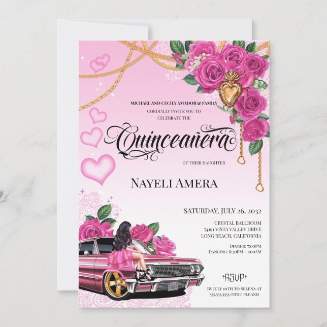 Pink Chola Lowrider Chicana Quinceanera Einladung (Vorderseite)