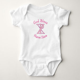 Pink Christian Chi Ro Cross Name and God Bless Baby Strampler