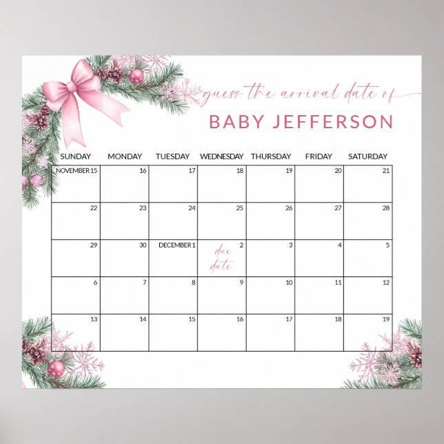 Pink Christmas Baby Shower Guess Due Date Calendar Poster (Vorne)