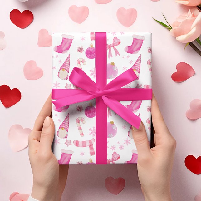 Pink Christmas Bow & Snowflake Wrapping Paper Geschenkpapier (Von Creator hochgeladen)