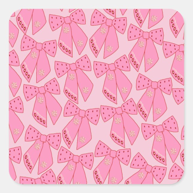Pink Christmas Bows Quadratischer Aufkleber (Vorderseite)