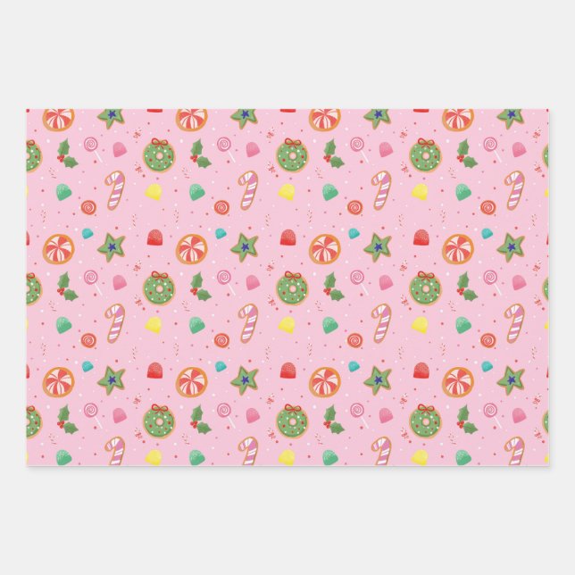 Pink Christmas Candy Wrapping Paper Geschenkpapier Set (Vorderseite)