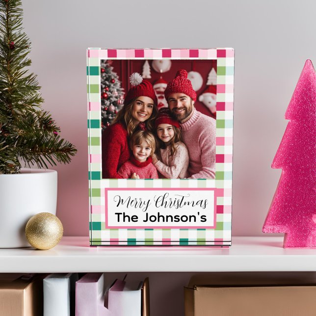 Pink Christmas Checkerboard Fotoblock (Pink Checkered Holiday Acrylic Photo Frame)