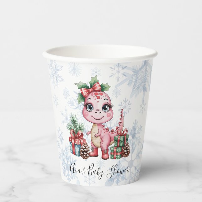 Pink Christmas Dino Girl Baby Shower Pappbecher (Vorderseite)