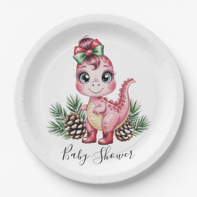 Pink Christmas Dino Girl Baby Shower Pappteller (Vorderseite)