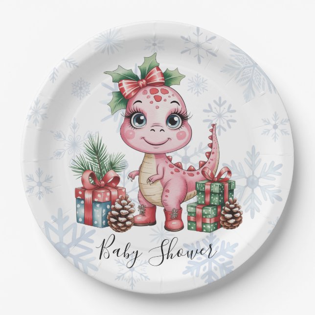 Pink Christmas Dino Girl Baby Shower Pappteller (Vorderseite)