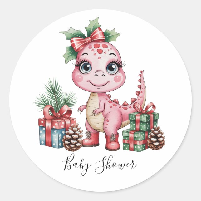 Pink Christmas Dino Girl Baby Shower Runder Aufkleber (Vorderseite)
