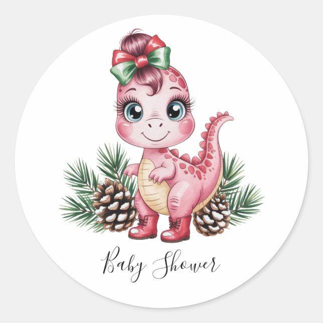 Pink Christmas Dino Girl Baby Shower Runder Aufkleber (Vorderseite)
