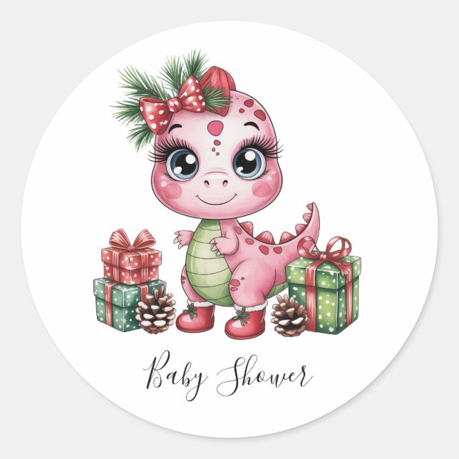 Pink Christmas Dino Girl Baby Shower Runder Aufkleber (Vorderseite)