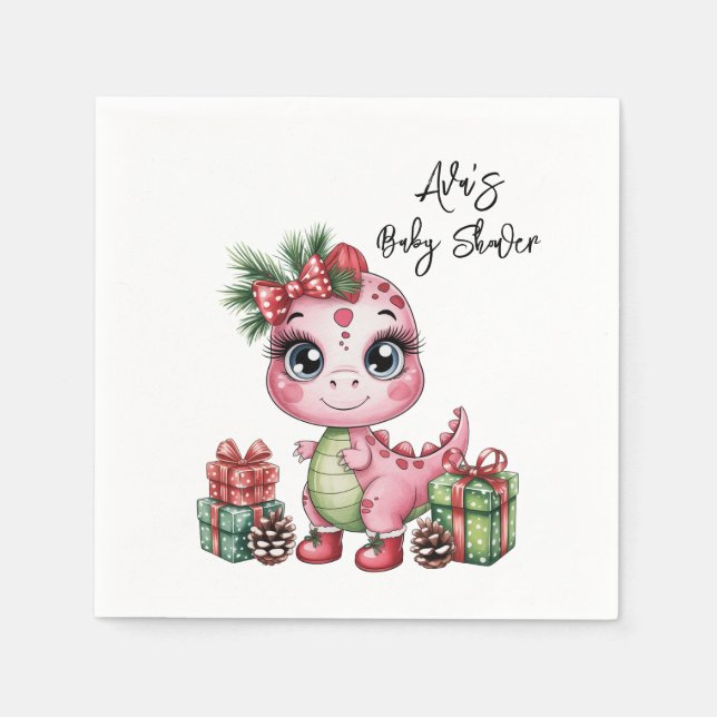 Pink Christmas Dino Girl Baby Shower Serviette (Vorderseite)