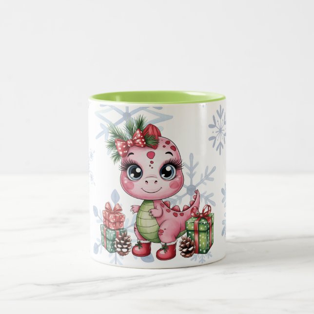 Pink Christmas Dino Girl Baby Shower Zweifarbige Tasse (Mittel)
