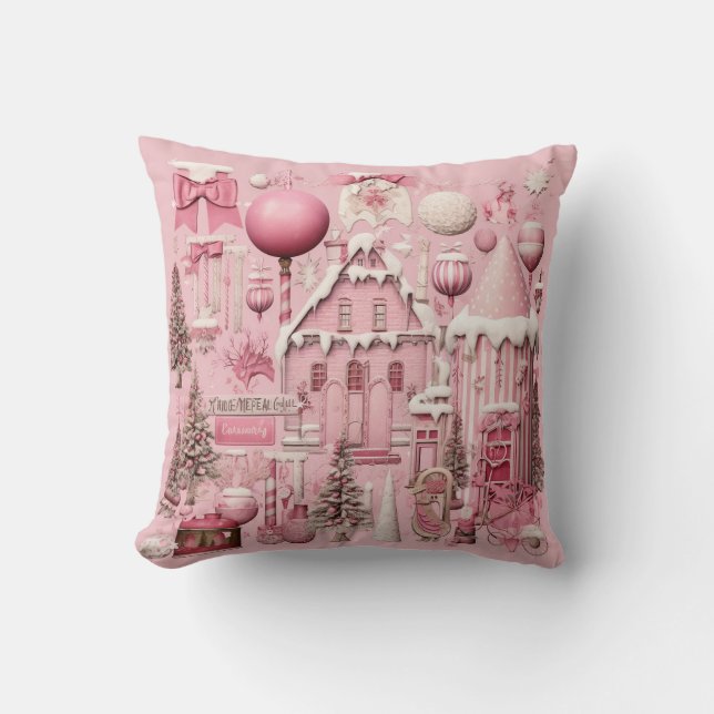 Pink Christmas Ephemera Throw Kissen (Vorderseite)