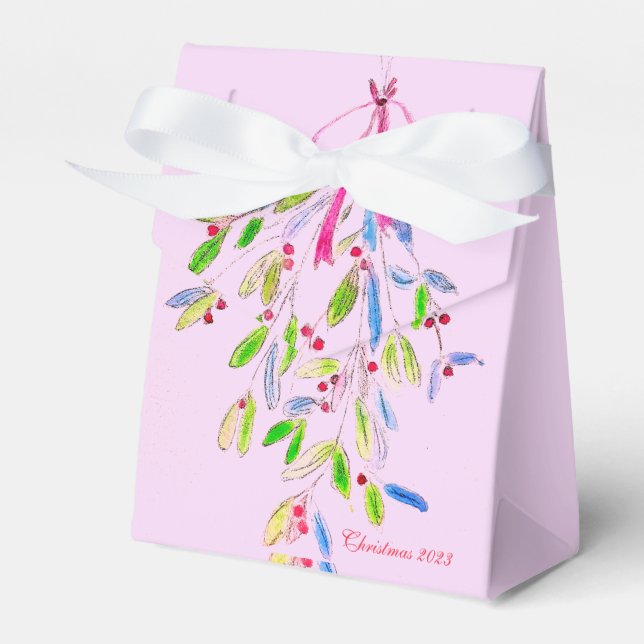 Pink Christmas Favor Box mit Mistletoe Geschenkschachtel (Vorderseite)