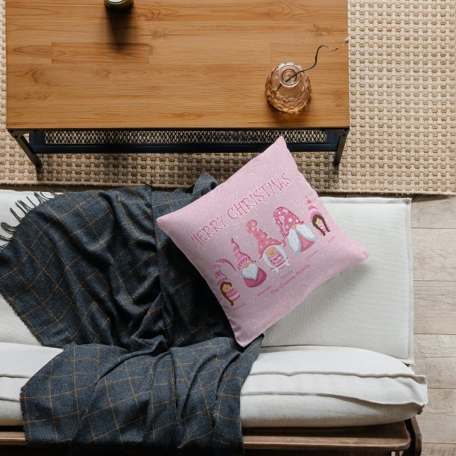 Pink Christmas Five Gnomes Zollfamilie Kissen (Custom Pink Christmas Family Gnome Throw Pillow - Personalized, Festive, and Heartwarming.)