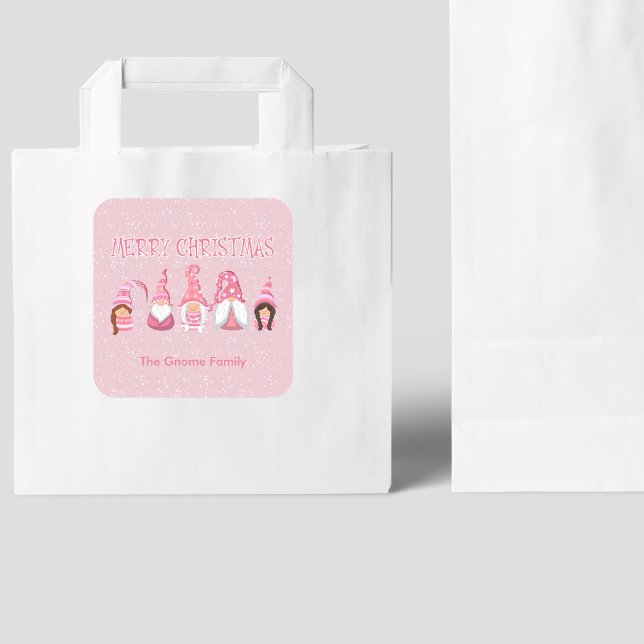 Pink Christmas Five Gnomes Zollfamilie Quadratischer Aufkleber (Custom Pink Christmas Five Gnomes custom Family Square Sticker- Personalized, Festive)