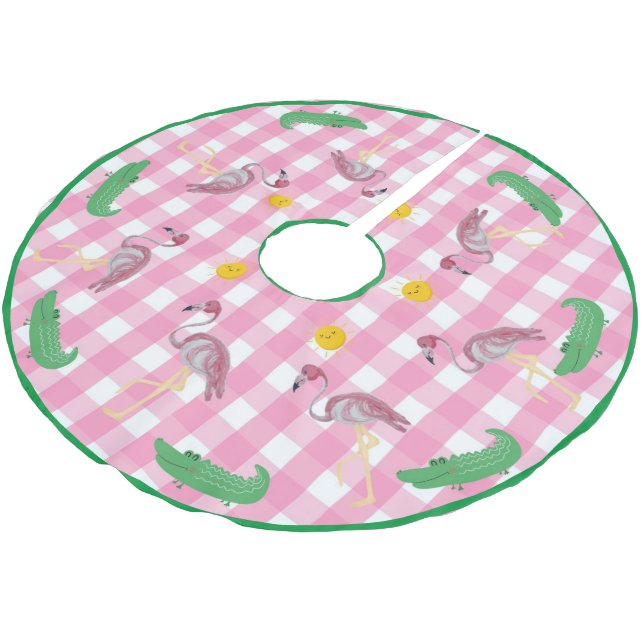 Pink Christmas Flamingo Alligator Brushed Polyes Polyester Weihnachtsbaumdecke (Schrägansicht)