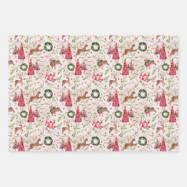 Pink Christmas Forest Gift Wrap, Blatt Set 3
