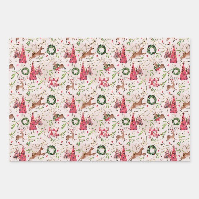 Pink Christmas Forest Gift Wrap, Blatt Set 3 (Vorderseite)