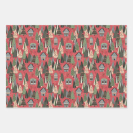 Pink Christmas Forest Village Birds Snowflakes Geschenkpapier Set