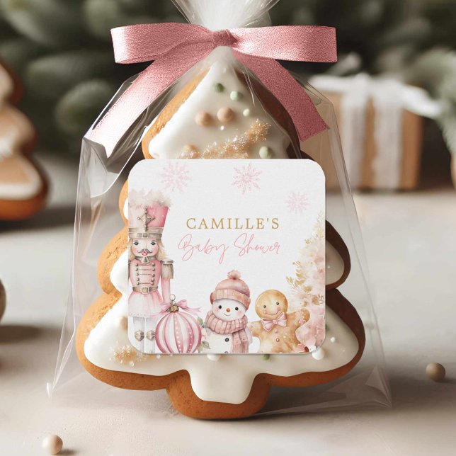 Pink Christmas Girl Baby Dusche Quadratischer Aufkleber (Pink Winter Baby shower sticker)