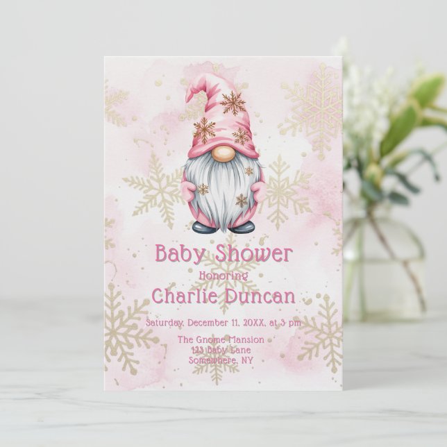 Pink Christmas Gnome Gold Snowflakes Baby Shower Einladung (Stehend Vorderseite)
