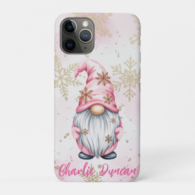 Pink Christmas Gnome Gold Snowflakes Case-Mate iPhone Hülle (Rückseite)
