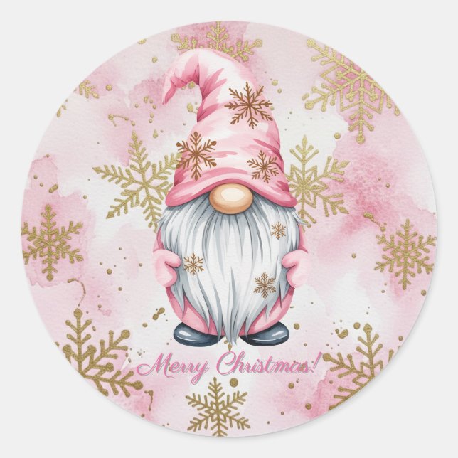 Pink Christmas Gnome Gold Snowflakes Runder Aufkleber (Vorderseite)