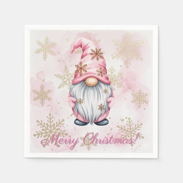 Pink Christmas Gnome Gold Snowflakes Serviette (Vorderseite)