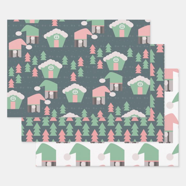 Pink Christmas Gnomes Village City Geschenkpapier Set (Set)