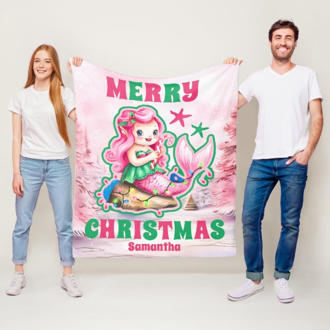 Pink Christmas Mermaid Personalisiert Kids Name Fleecedecke (Beispiel)