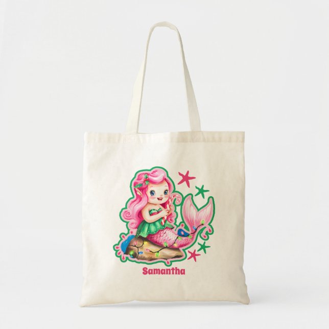 Pink Christmas Mermaid Personalisiert Kids Tragetasche (Vorne)